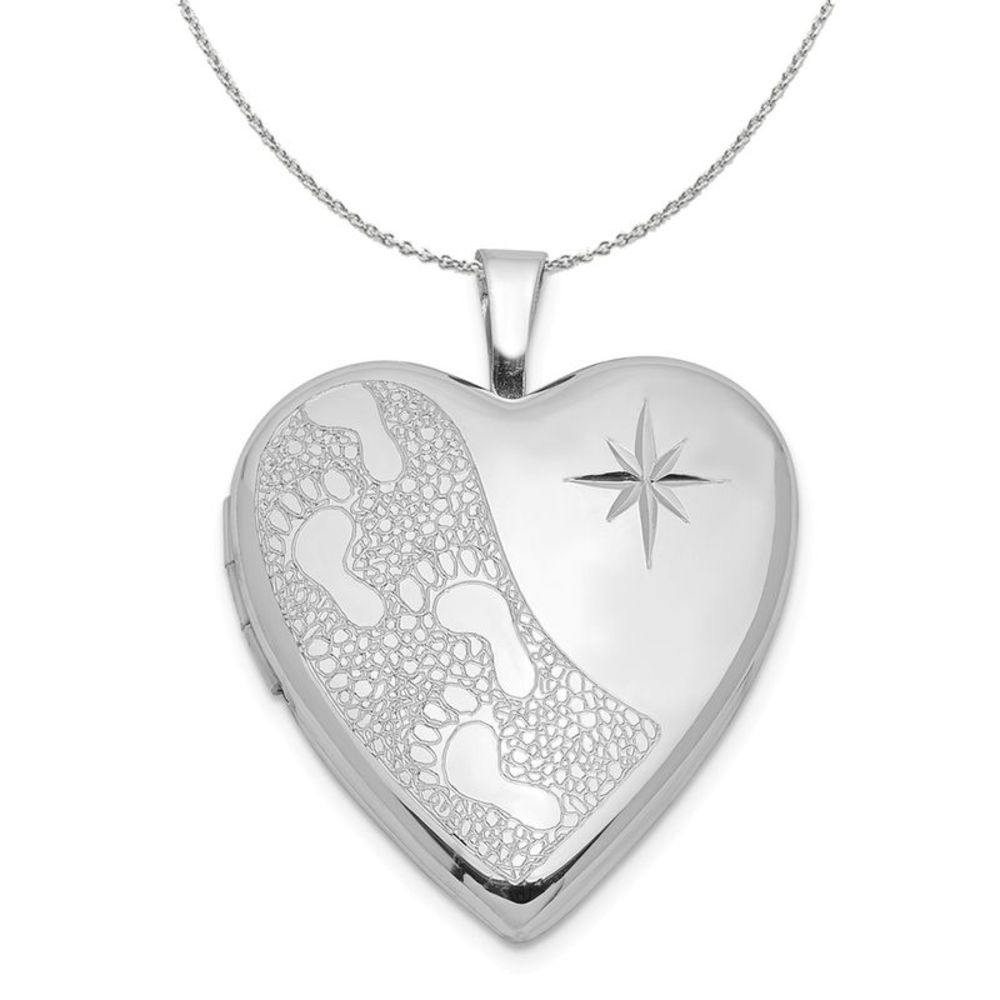 Silver 20mm Footprints and Star Heart Locket Necklace - 16 In